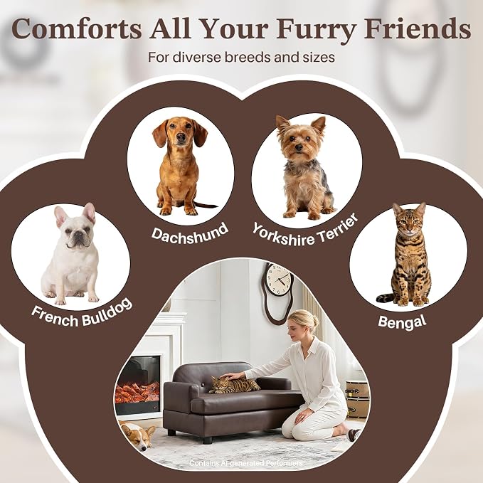 Luxury Dog Sofa Bed Elevated Pet Couch with Durable Waterproof Leather | Dog Couch with Orthopedic Sponge, Modern Furniture Style Dog Lounge & Pet Bedside Step, for Small/Medium Dogs/Cats, Gray