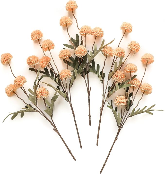5pcs Apricot Peach Faux Silk Mums Artificial Flowers, Bulk Fake Small Mini Chrysanthemums with Stems for DIY Wedding Centerpieces Floral Arrangements Vase Fillers Home Decorations