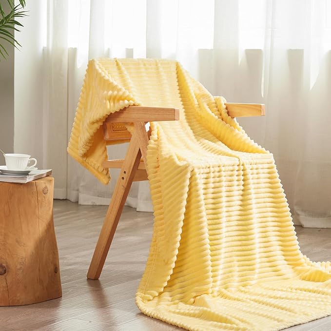 Vessia Flannel Fleece Throw Blanket, 300GSM Cozy Light Yellow Striped Throw Blanket for Couch, Sofa and Bed, Warm and Soft Cozy Pale Yellow Microfiber Ribbed Decor for All Season