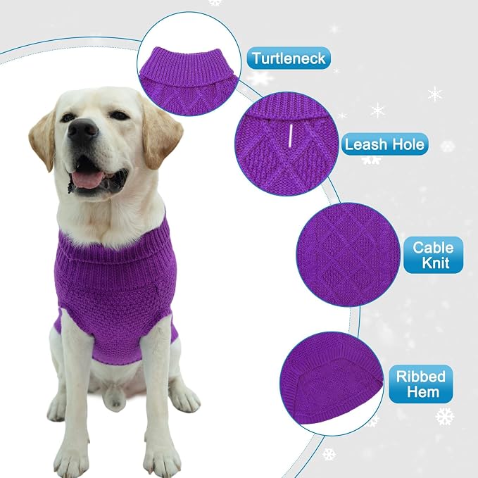 Mihachi Turtleneck Dog Sweater - Winter Coat Apparel Classic Cable Knit Clothes with Leash Hole for Cold Weather, Ideal Gift for Pet in New Year Purple Medium/Large