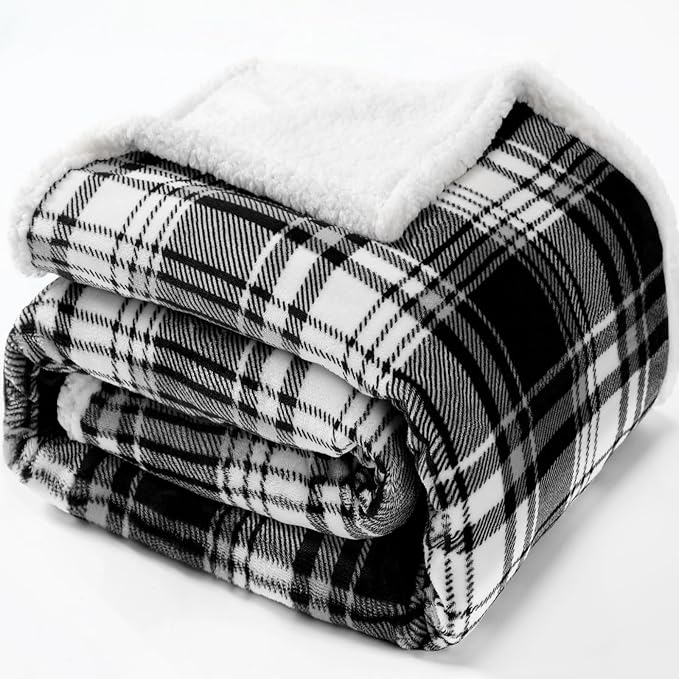 Sherpa Plaid Throw Blanket,Fleece Flannel Plush Twin Size Microfiber Blanket for Couch Bed Sofa,Fuzzy Fluffy Cozy Soft Blanket(60" X 70", Plaid Black)