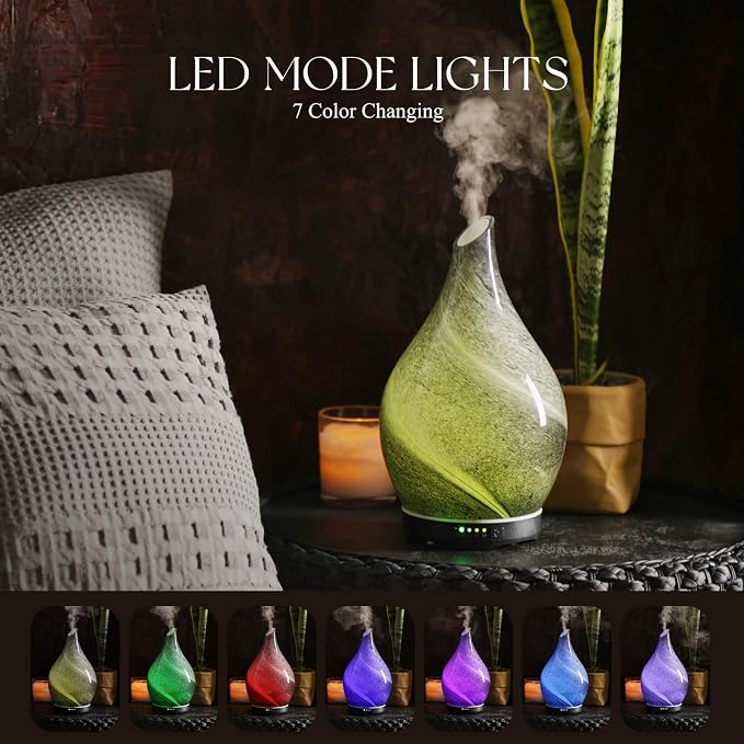 Porseme 280ml Essential Oil Diffuser Glass Color Changing Aroma Air Diffusers Aromatherapy Ultrasonic Cool Mist Humidifier with Remote Control 7 Running Hours Waterless Auto-Off (Obsidian)