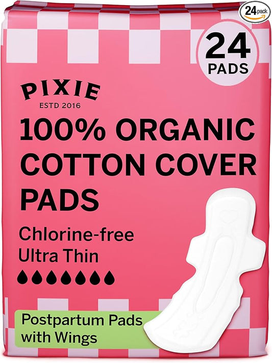 Pixie Cup Organic Cotton Ultra Thin Postpartum Pads for Women - Extra Heavy Absorbency with Wings - Leak-Proof, Hypoallergenic & Unscented for Feminine Care - Compostable, Biodegradable - 24 Count