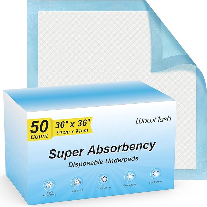 50 Count 36” x 36” Super Absorbency Disposable Underpads | Leakproof Quick Drying, Baby Puppy & Adults Bed Pads Disposable Adults, Dog Pee Pads Extra Large, XXL Incontinence Pads
