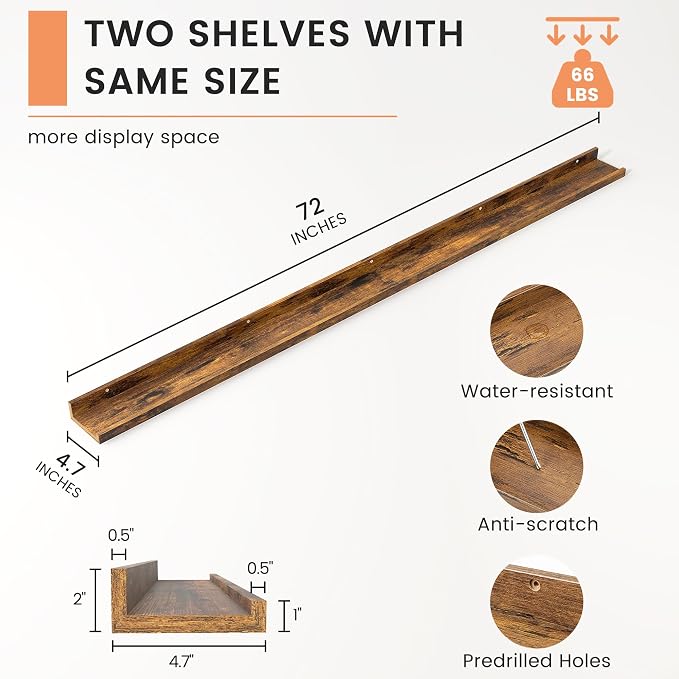 Picture Ledge Shelf, Long Floating Shelves for Wall, 72" W Set of 2, Brown | FSC Certified Engineered Wood, Wall Mounted Bookshelf, for Nursery Living Room Bedroom, Easy Install