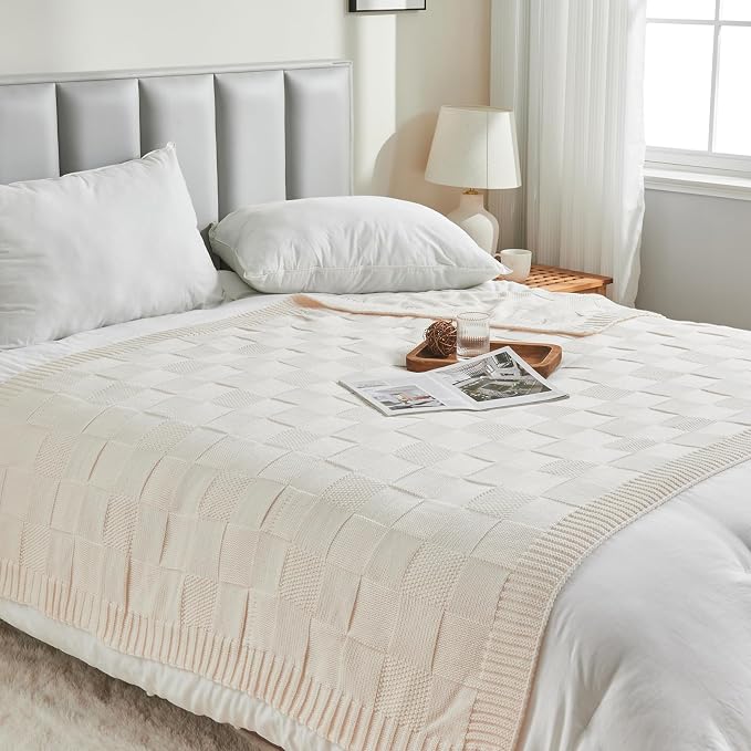 CozeCube Cream White Knitted Checkered Throw Blanket 50"X60" | Check Knit Throw for Couch, Decorative Christmas Soft Cozy Warm Blanket for Bed Sofa Living Room