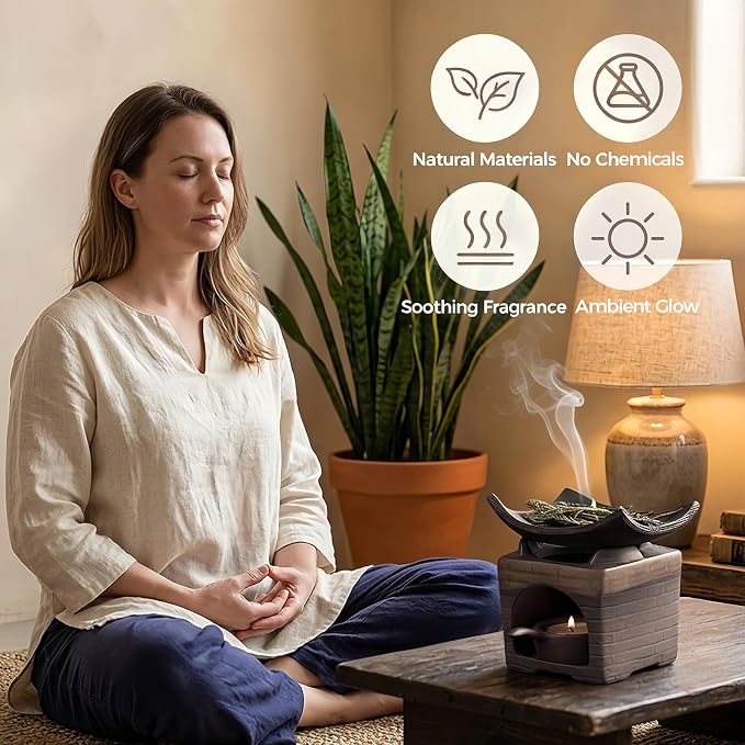 Tiiyee Ceramic Aromatherapy Stove Essential Oil Burner, Herb Burner & Candle Wax Melt Warmer with Tealight Holder Handmade Zen Incense Burner for Home Office Fragrance & Meditation Yoga & Relaxing