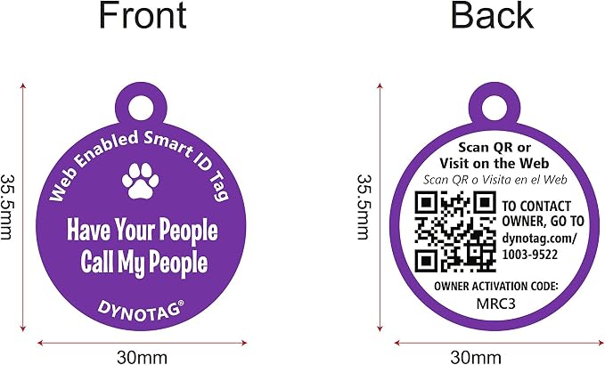 Dynotag® Web Enabled Super Pet ID Smart Tag. Deluxe Coated Steel, with DynoIQ™ & Lifetime Recovery Service. Fun Series (Purple: Have Your People Call My People)