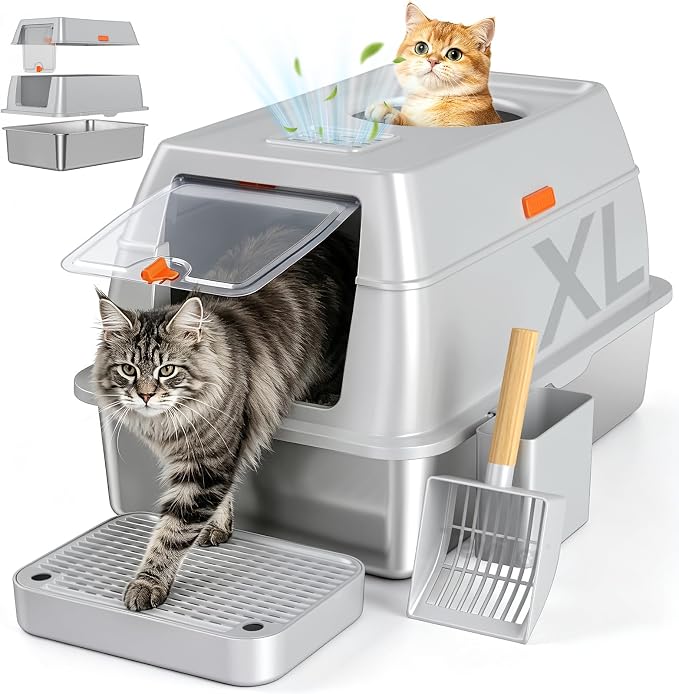 XL Enclosed Stainless Steel Litter Box with Lid, Light Gray | covered, High Sided, Rustproof & Leak Proof, Easy Clean, Odor Control, Includes Scoop & Step