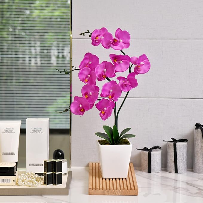 15" Silk Phalaenopsis Orchid in Square Pot, Fuchsia Flower Arrangements | Lifelike Faux Potted Blooms with Moss in a Ceramic Planter. Looks Real, Zero Upkeep, Ideal Centerpiece for Any Table