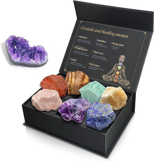 Chakra Stones Set with Crystal Cluster, (2-2.5 inch) Large Crystals and Healing Stones - Real Raw Healing Crystals and Stones Positive Energy for Meditation, Birthday Gifts for Women, Christmas Gifts