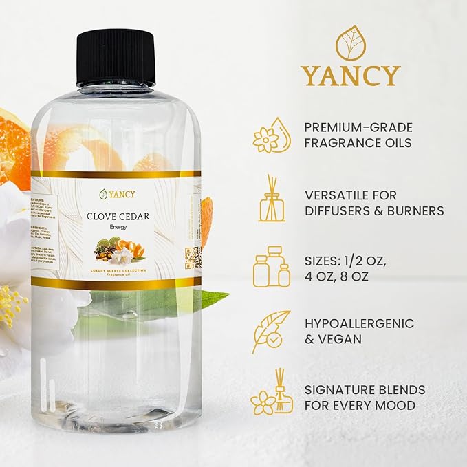 YANCY Clove Cedar Luxury Collection Fragrance Oil (4 oz), Earthy Clove and Cedarwood Aroma, Versatile Scent for Diffusers, Oil Burners & Aroma Lamps, Grounding Fragrance for Cozy Vibes