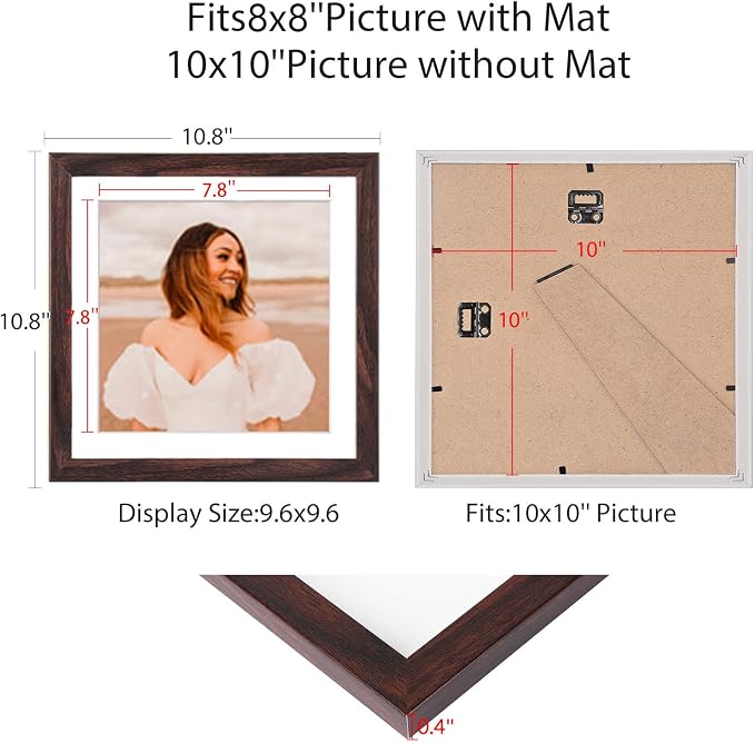 10x10 Picture Frame Set of 9, Display Pictures 8x8 with Mat or 10x10 without Mat, Multi Collage Gallery Square Photo Frames for Wall or Tabletop, Brown
