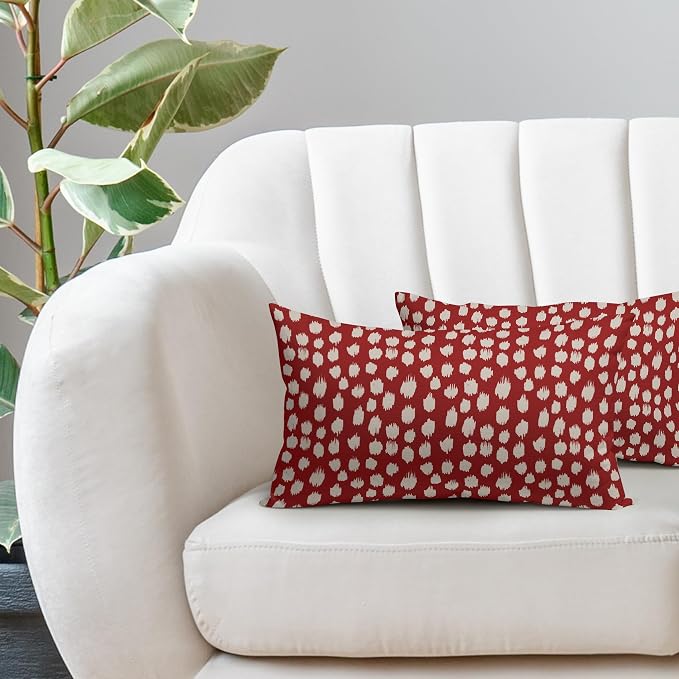 Sweetshow Red Cream Dots Lumbar Pillow Covers 12x20 Set of 2 Boho Design Polka Dot Print Throw Pillows Modern Outdoor Decorative Pillowcase Rectangle Linen Cushion Cases Decor for Sofa Couch Bed