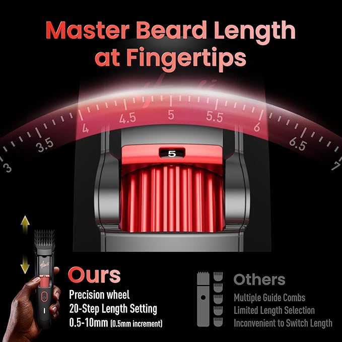 HACLI Men's Beard Trimmer with Precision Dial, 20 Adjustable Length Settings for Beard Mustache & Facial Grooming, Cordless Rechargeable, Professional Hair Clipper IPX7 Waterproof Wet/Dry Use, Red