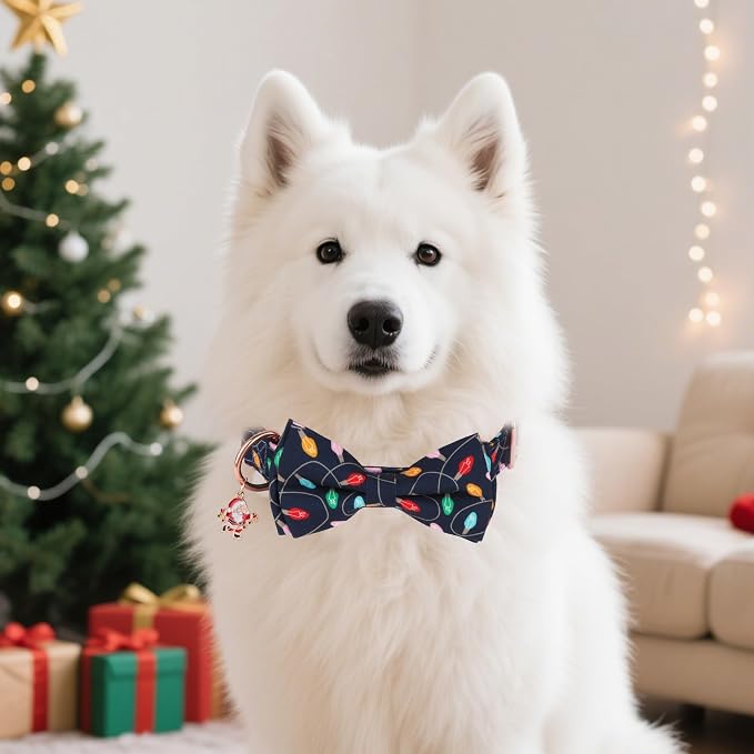 ADOGGYGO Christmas Dog Collars with Bow, Detachable Xmas Light Print Bowtie, Metal Buckle, Adjustable Christmas Collars for Medium Dogs Boy Girl (Medium)