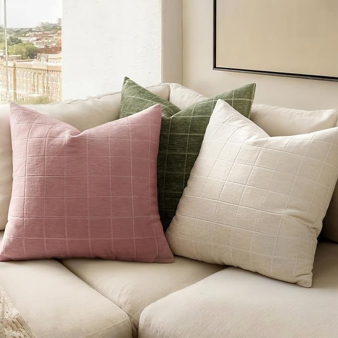 MIULEE Blush Pink Plaid Decorative Throw Pillow Covers 20x20 Set of 2 | Vintage, Check Chenille Couch Pillows, Neutral Boho Farmhouse Cushion Covers, Modern Home Decor for Sofa Bed Living Room
