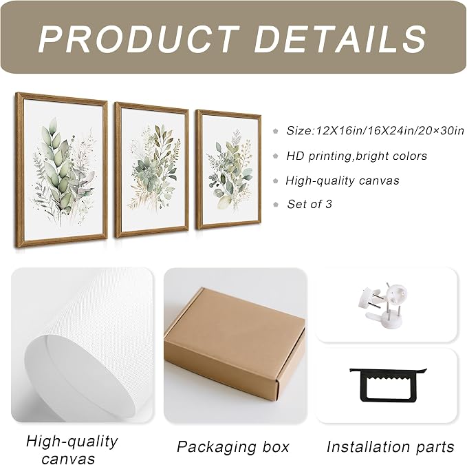 WRFON Framed Sage Green Botanical Wall Art Set of 3, Watercolor Eucalyptus & Wild Plant Canvas Prints, Minimalist Green Wall Decor for Living Room Bedroom Bathroom, 20x30 Inches