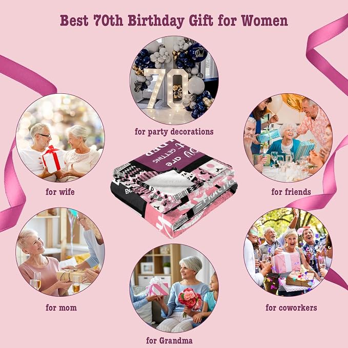 Ivivis 70th Birthday Gifts for Women, Happy 70th Birthday Decorations, 1956 Birthday Gifts for 70 Year Old Woman, Soft Flannel Pink Throw Blanket 60”X50”