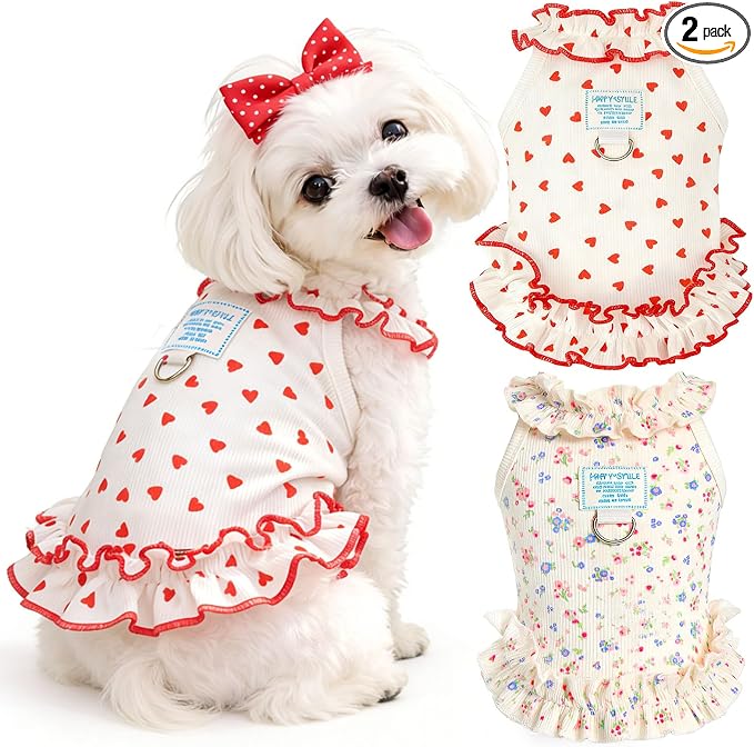2 Pack Dog Cat Dresses for Small Dogs Girl Cute Heart & Floral Print Ruffle Sleeve Hem Breathable Stretchy Pet Puppy Cat Summer Clothes Outfits for Chihuahua Yorkie Teacup Extra Small Tiny Dogs