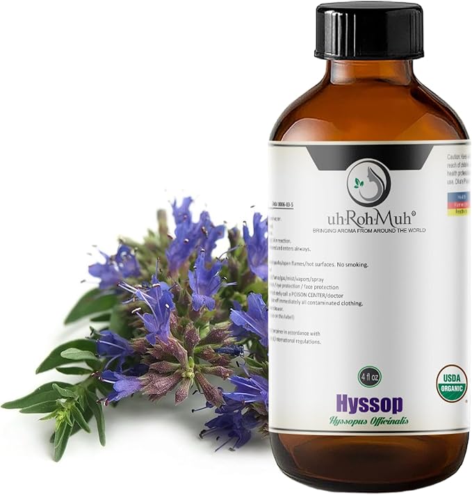 Organic Hyssop Essential Oil with Fresh Floral Scent, 100% Pure & Natural Essential Oil, Home Essential Diffuser Oil - USDA Certified ct. Cineole (4 oz w/Pipette)