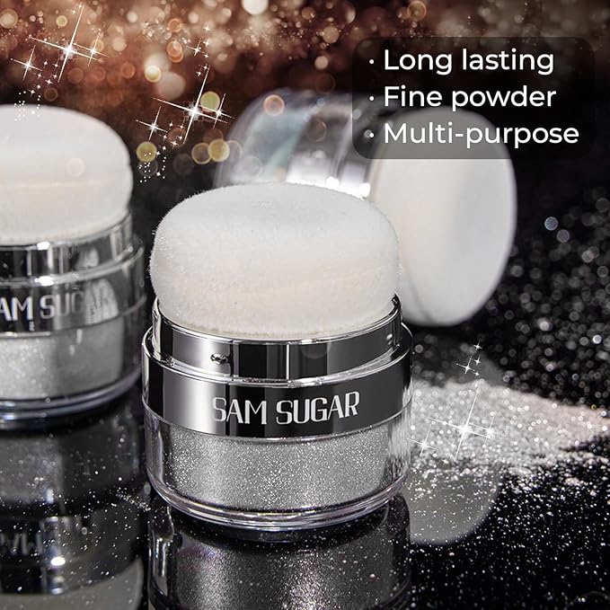 Body Shimmer Powder, Body Glitter Powder with Sponge Head, 3D Contour & Long Lasting Luminous, Glow Highlighter Makeup for Face, Eyes, Hair, Perfect for Daily, Party (Sliver White, 1.13 Oz)