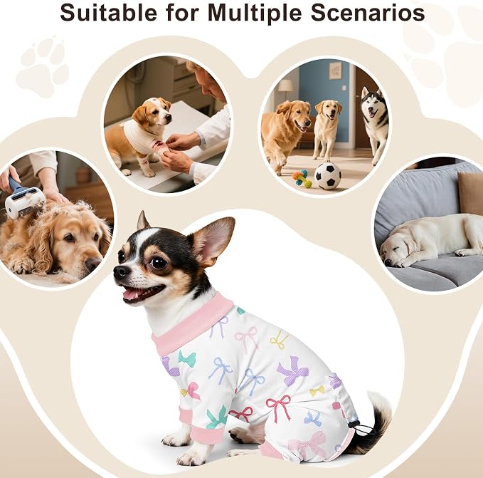 Bienbee Dog Pajamas, 4 Pack Adjustable Onesies for Small to Large Dogs XS | Dog Shedding Suit with Soft Fabric, Breathable & Stretchy, and Adjustable Back Length for Sleeping Lounging and Daily Use