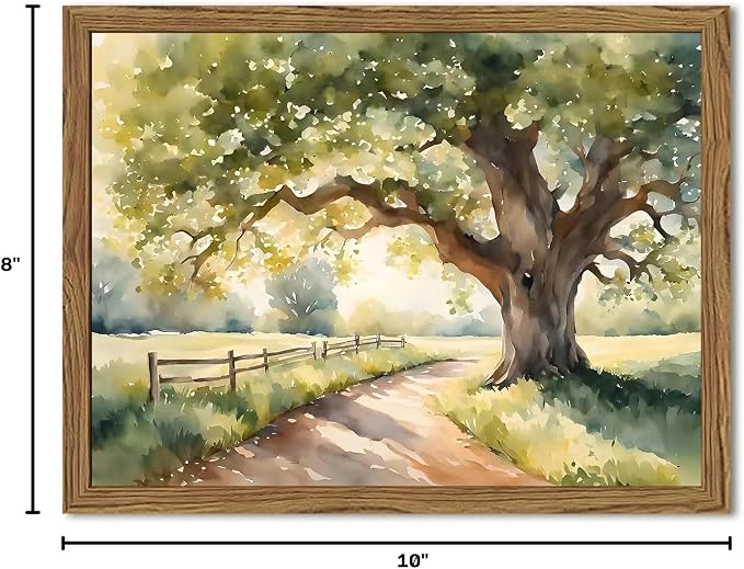 Framed Vintage Tree Landscape Wall Art, Watercolor Country Road Nature Wall Decor Paintings, Rustic Countryside Pictures Canvas Prints Aesthetic Home Decor for Living Room Bedroom Bathroom 8x10 inch