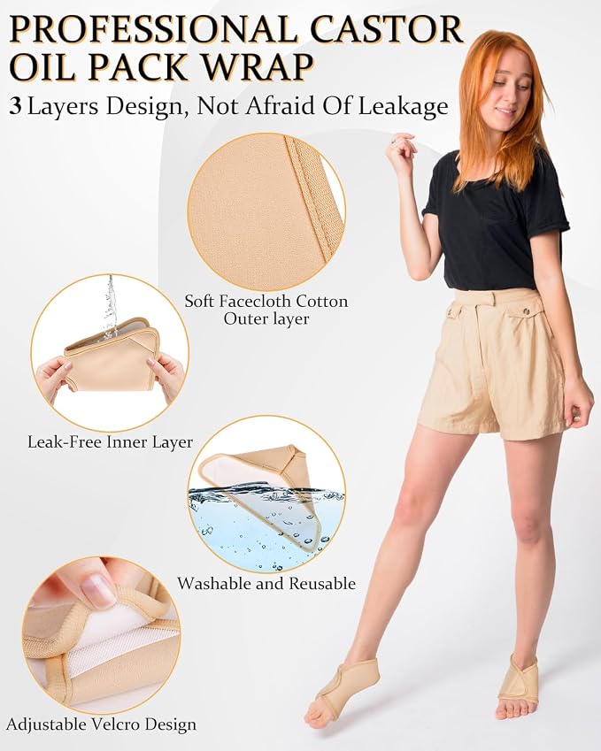 2Pcs Castor Oil Pack Wrap for Ankle Reusable Organic Castor Oil Feet Wrap, Adjustable Castor Oil Compress Feet Brace for Ankle, Waist, and Joint Care