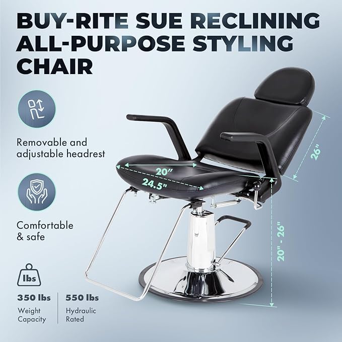 Buy-Rite Sue Reclining Styling Chair - All-Purpose Hydraulic Salon Chair for Hair Stylists & Barbers, Adjustable Headrest, 150° Recline, Heavy-Duty Chrome Base, SY-6769AP
