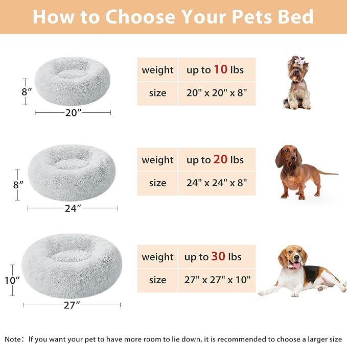 WNPETHOME Small Round Calming Dog Bed Cat Bed for Comfy Sleep | Dog Bed For Small Dog, Cute Washable Puppy Bed with Fuzzy Plush, Fur Anxiety Pet Bed Donut Cuddler (20x20x8in, Light Grey)