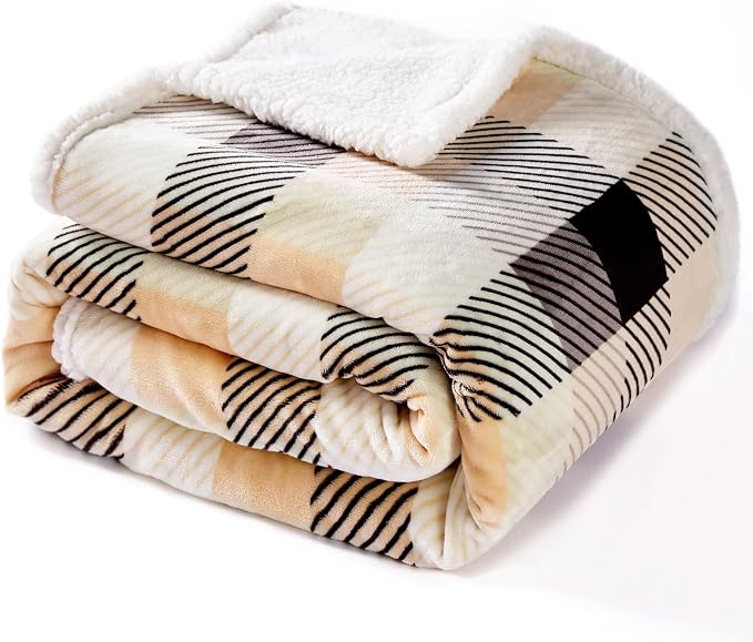Sherpa Plaid Twin Blanket 60" X 70", Fuzzy Fluffy Soft Cozy Throw Blanket, Twin Size Plush Fleece Flannel Plush Microfiber Blanket for Couch Bed Sofa (Brown Color)