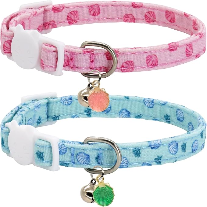 Cat Collars for Girl Cats & Boys, 2 Pack Soft Cotton Breakaway Collar with Removable Bell and Cute Charms, Adjustable Safety Pet Necklace, Seashell