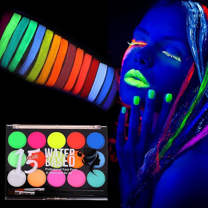 Glow in The Dark Face Body Paint,UV Black Light Makeup Neon Face and Body Paint Glow Sticks Makeup Face Painting Kits for Kids Adult, Neon Face Paint Crayons for Halloween and Parties (15 color)