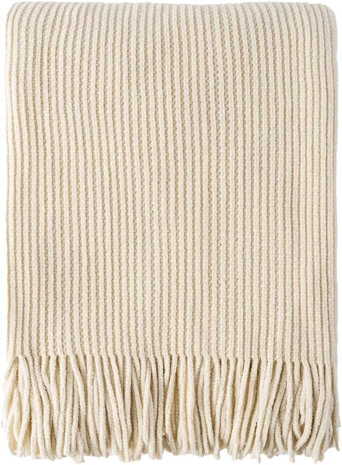 BATTILO HOME Beige Throw Blanket for Couch, 50"x60" | Soft Chenille Knit Blanket with Tassels for Home Decor, Neutral Beige Throws for Couch Cover