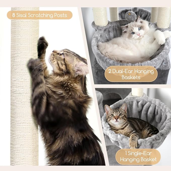 Globlazer Extra Large Cat Tree Tower, 82in Tall Heavy Duty Cat Tree for Indoor Cats Large Adult Big Cat Tower with 8 Scratching Posts, 2 Cat Condos, 2 Top Perches, 3 Hanging Baskets, S82, Light Grey