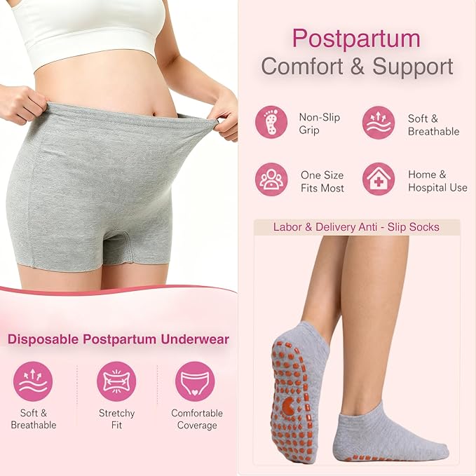 Postpartum Essentials Kit, Postpartum Recovery Set with Peri Bottle, Ice Pads, Perineal Care Foam, Cooling Pad Liners, Disposable Underwear, Labor Socks & Massage Roller,Labor Delivery Gift for Women
