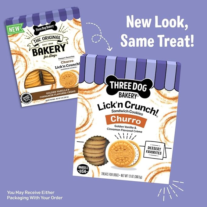 Three Dog Bakery Lick'n Crunch! Dog Treats - 13 oz | Churro Sandwich Cookies - Crunchy Treats with Vanilla & Cinnamon Creme