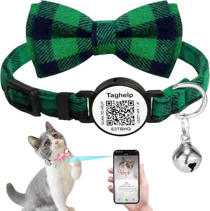 Upgraded Cat Collar with Bells, Breakaway Cat Collars with Bow Tie, Girl Boy Safety Plaid Kitten Collars with QR ID Tag for Girl Boy for Cats,QR Code Cat ID Tags - Pet Online Profile (Green)
