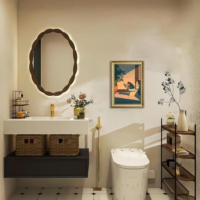 Funny Frog Bathroom Wall Art, Cute Japanese Frog in Toilet Wall Decor, Whimsical Green Animal Restroom Poster Canvas Painting Prints Artwork 16x24 inch Gold Framed