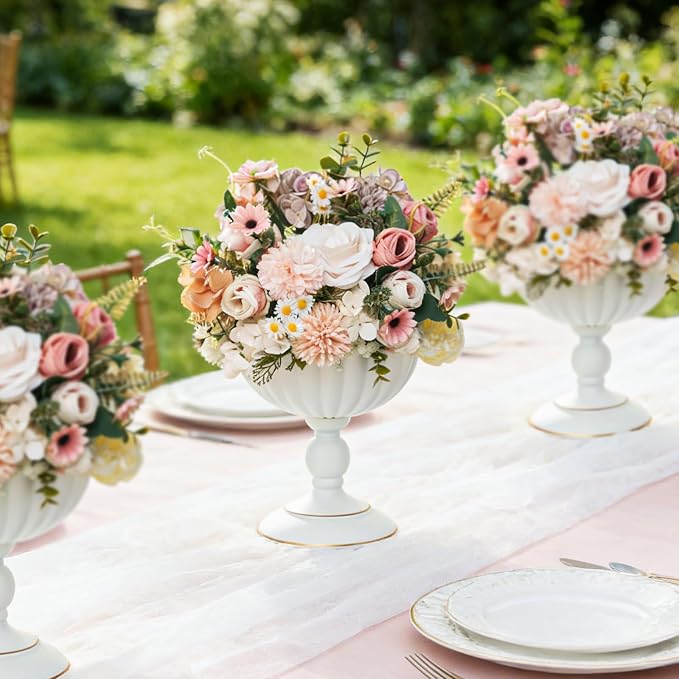 Sziqiqi White Urn Vase for Centrepieces, Wedding Compote Vase, 10Pcs | 7.9in Tall Metal Flower Arrangements, Vase for Centrepieces Floral Planter, Decorative Footed Bowl, For Party, Event