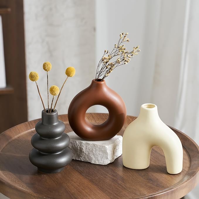 Boho Ceramic Vase Set of 3, Rustic Flower Vases for Pampas Grass | Modern Boho Vase for Decor, Decorative Vases Centerpieces for Wedding Living Room Bedroom Coffee Table Dinner Table
