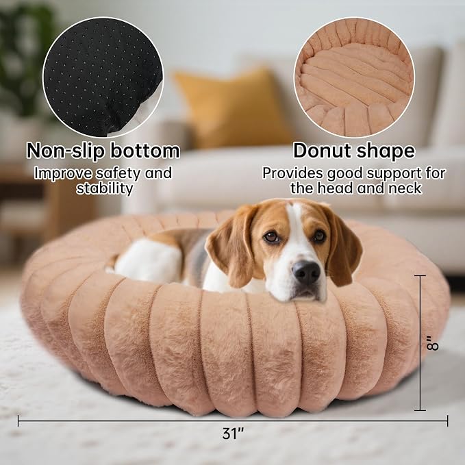 Donut Dog Beds Large Sized Dog Washable Plush Pet Bed,36in Brown | Cozy Calming Round Cuddler, Fluffy Faux Rabbit Fur, Non-Slip Bottom, Anti-Anxiety, Circle Bed for Large Pets Up to 90 Lbs