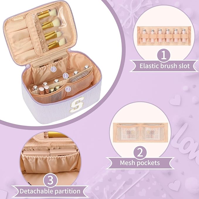 OCHEAL Makeup Bag Valentines Day Gifts for Women, Monogram Cosmetic Bag Purple Travel Makeup Case Beauty Toiletry Bag Organizer Personalized Gifts for Girls Bridesmaid, Sister, Wife, Friends Initial S