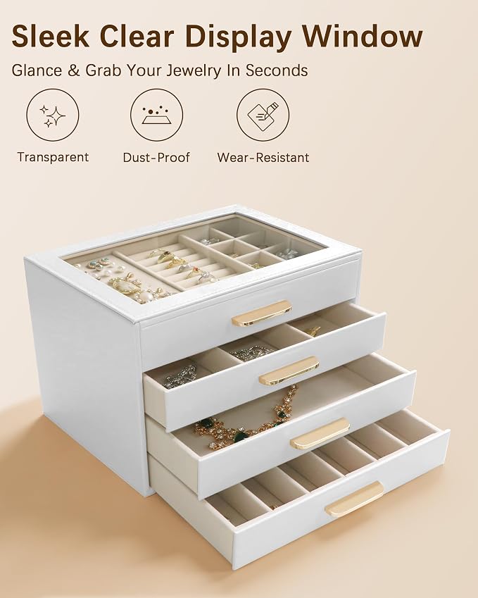 Homeanda Jewelry Boxes Organizer with Glass Lid, 4-Layer PU Leather, White | Modern style display case with 4 drawers for daily jewelry, women, mom or girl gift