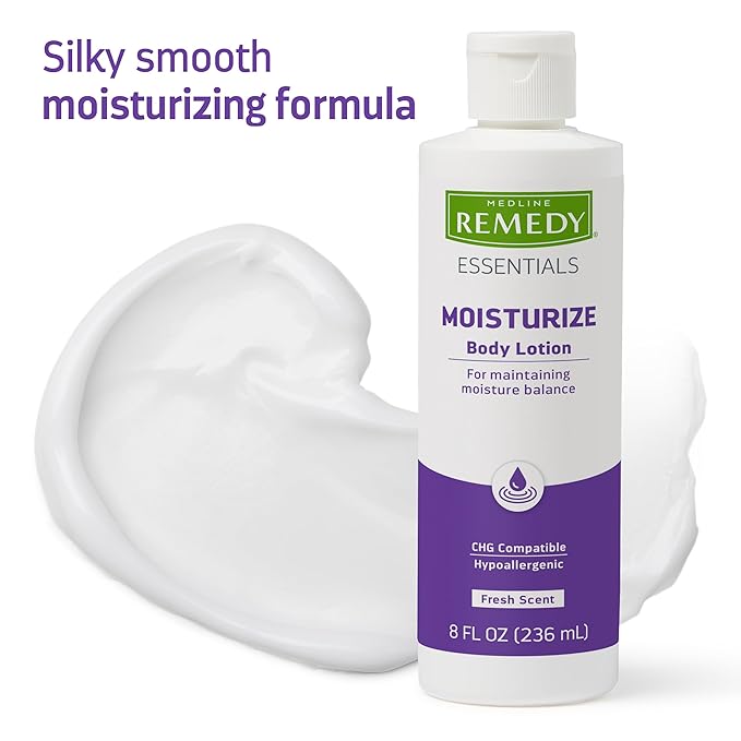 Medline Remedy Essentials Moisturizing Body Lotion (8 oz Bottle), 12 Count, Fresh Scent, Hydrating, Non-Greasy, For Dry Skin, Hypoallergenic, Men, Women, Elderly