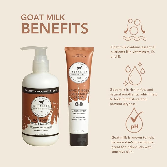 Dionis Goat Milk Skincare Creamy Coconut & Oat 8.5oz Hydrating Body Lotion and 3.3oz Hand & Body Moisturizing Travel Size Cream Bundle, Natural Ingredients, Made in the USA, Cruelty Free, Paraben Free