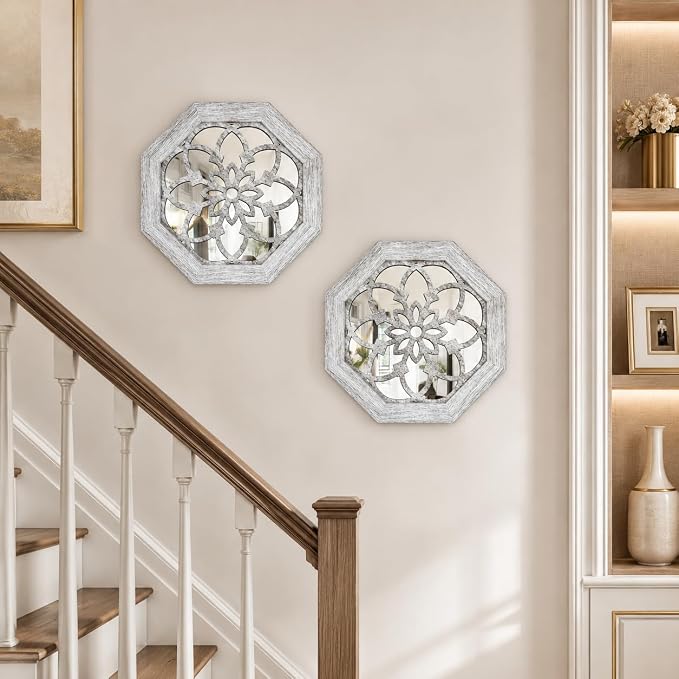 2 Pack 12 Inch Octagon Grey Rustic Wood Frame Acrylic Wall Mirrors, Farmhouse Boho Wall Art Decor for Living Room, Bedroom, Hallway, Entryway, Bathroom & Office