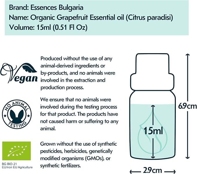 Essences Bulgaria Organic Grapefruit Essential Oil 0.51 Fl Oz 15ml Citrus paradisi 100% Pure Natural Undiluted Therapeutic Grade for Home Aromatherapy Home Diffuser Humidifier Hot Tub and Massage Oil