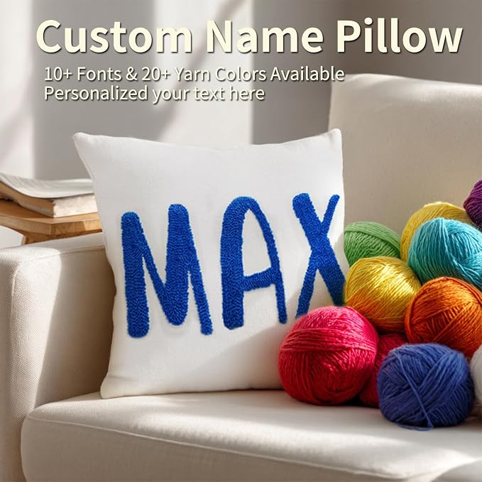 Personalized Embroidered Name Pillow，Custom Monogram Throw Accent Handmade Pillows Cover，Customizable Decorative Couch Bed Room Pillow Case Gifts for Kids Boy Girls 20x20